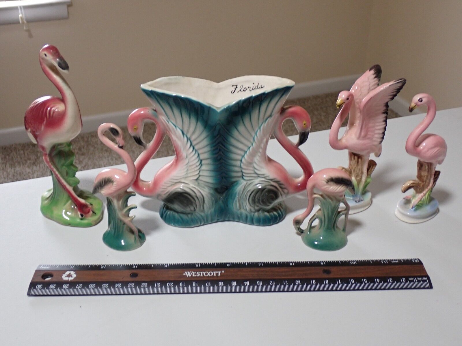 Mid-Century Modern MCM Vintage 6pc Ceramic Flamingo Lot - 5 Figurines + Planter