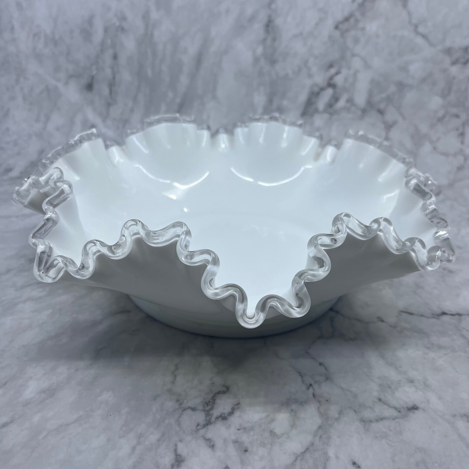 Vintage Large Fenton Silvercrest Glass Fruit Bowl Crimped & Ruffled Edge 11\