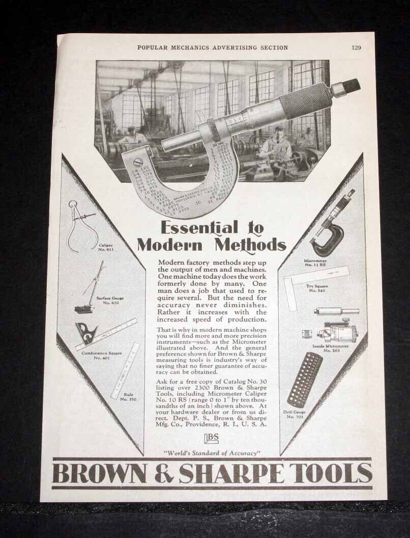 1929 OLD MAGAZINE PRINT AD, BROWN & SHARPE TOOLS, ESSENTIAL TO MODERN METHODS