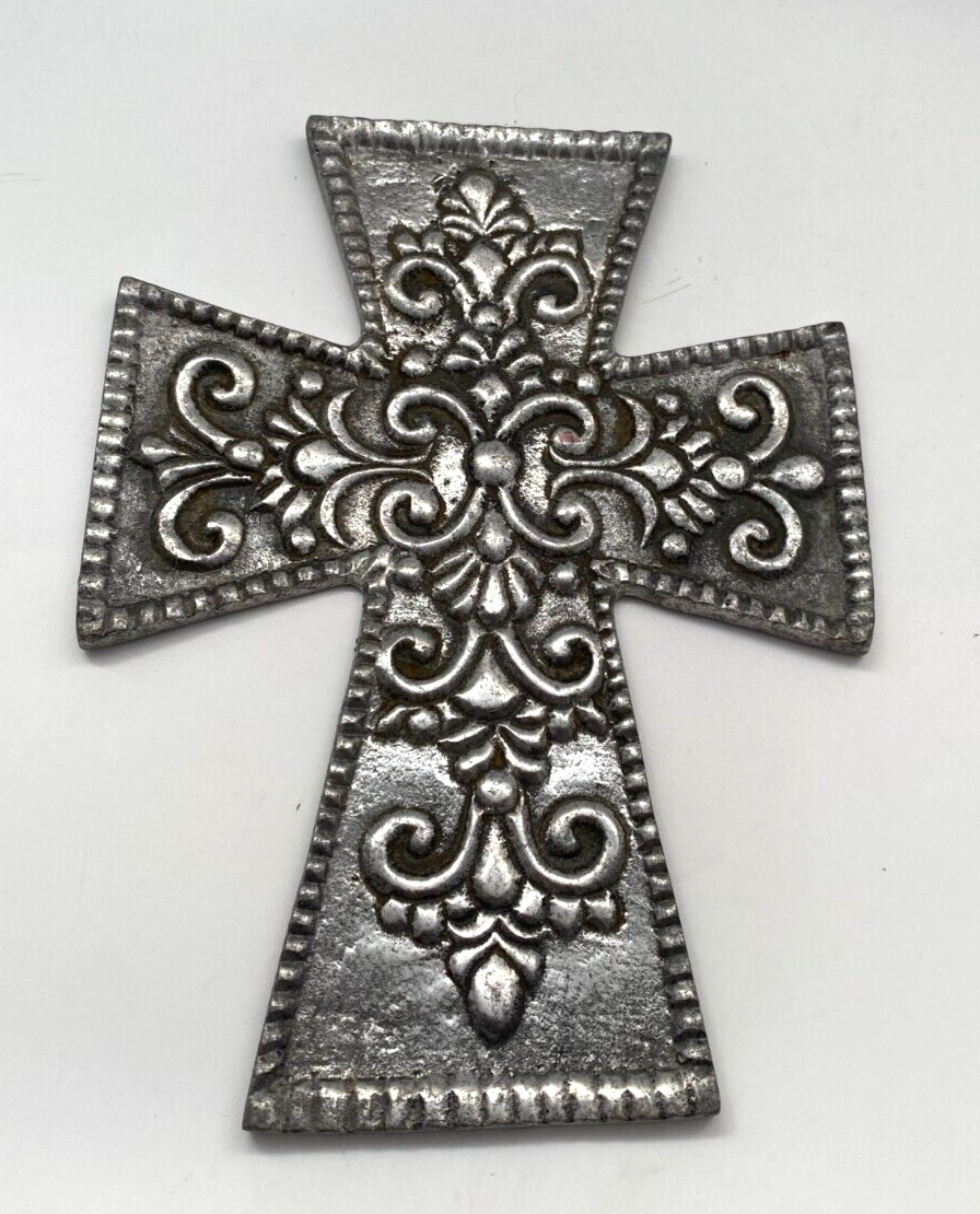 Vintage Mexican Pewter Cross Wall Hanging Folk Art 8.25