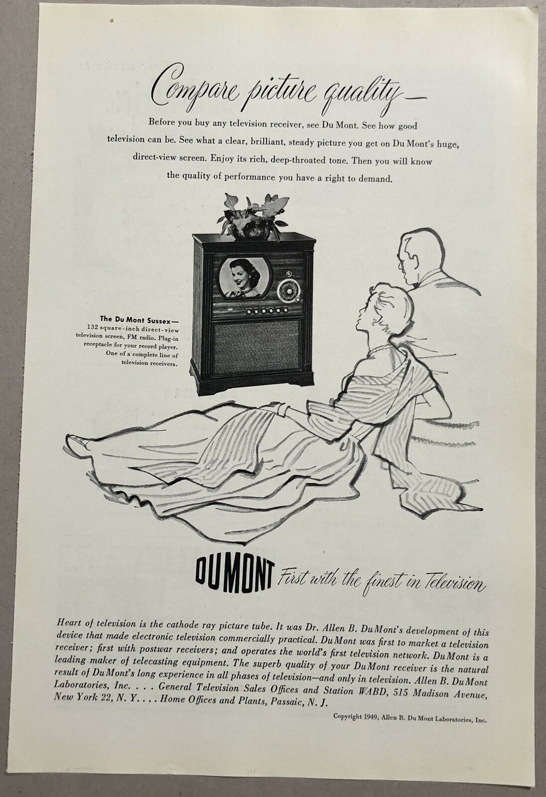Vintage 1949 Original Print Ad Full Page - Du Mont Compare Picture Quality