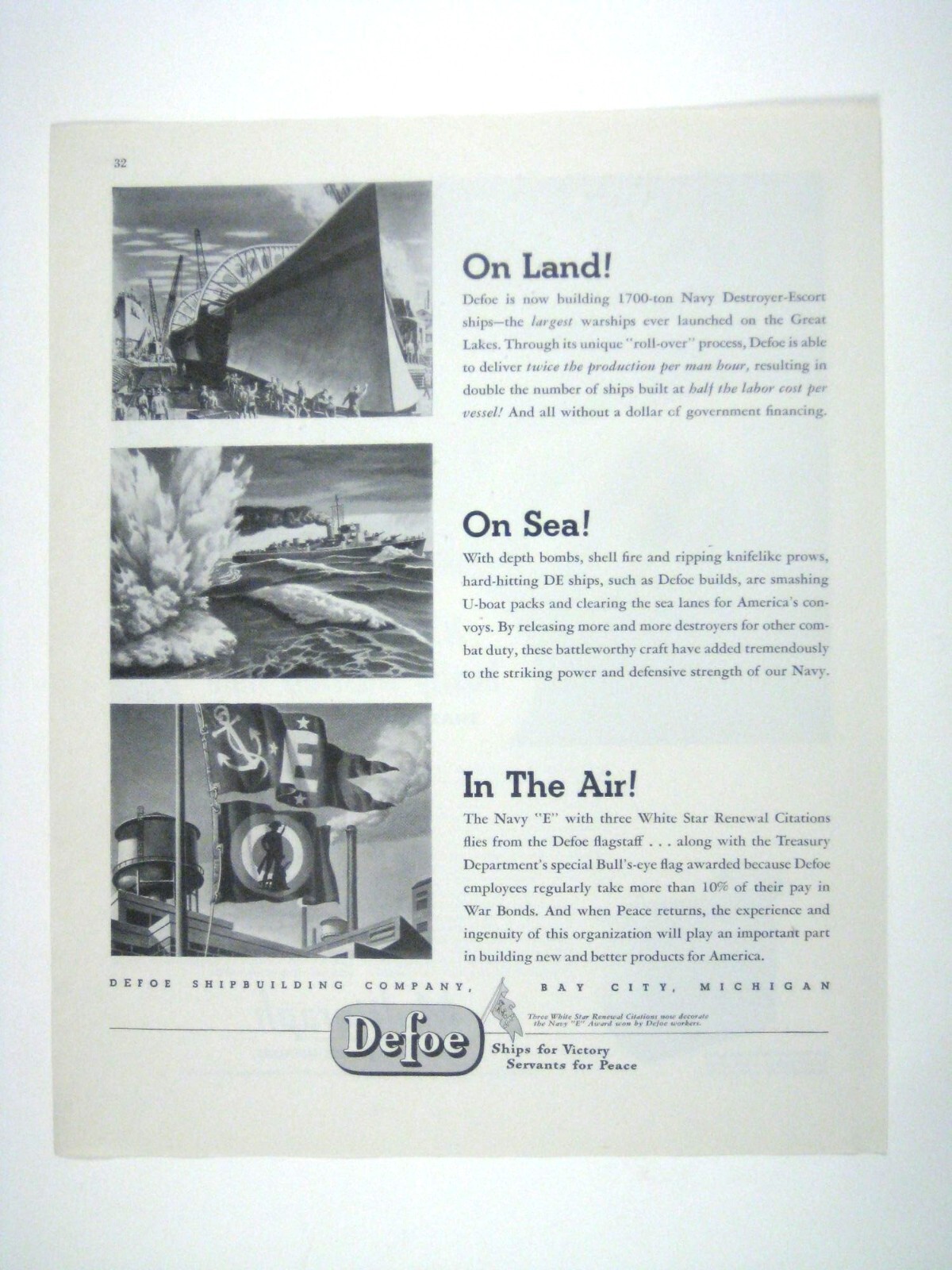 Defoe Shipbuilding Company 1944 Vintage Print Ad Navy DE Ships Victory  WWII