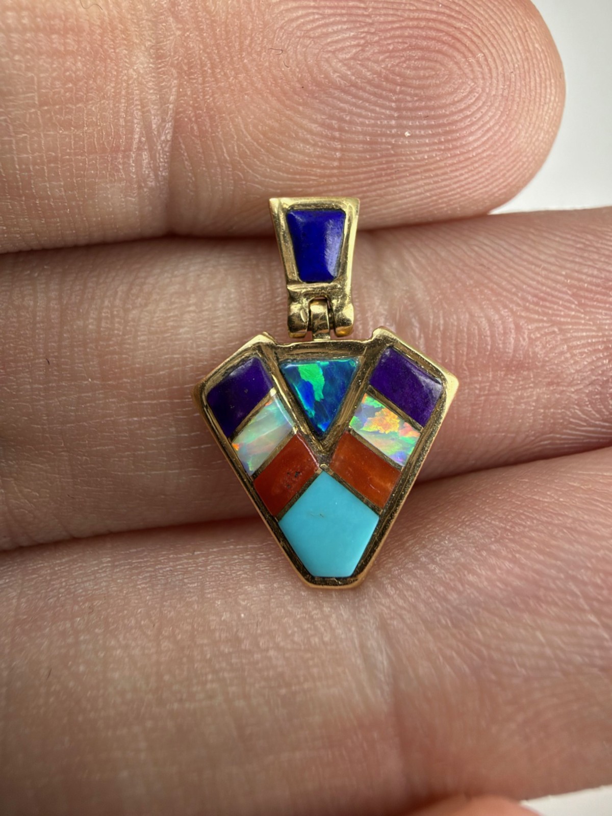 Vintage 14k Solid Gold Native Indian Inlay Sugilite Turquoise Opal Coral Pendant