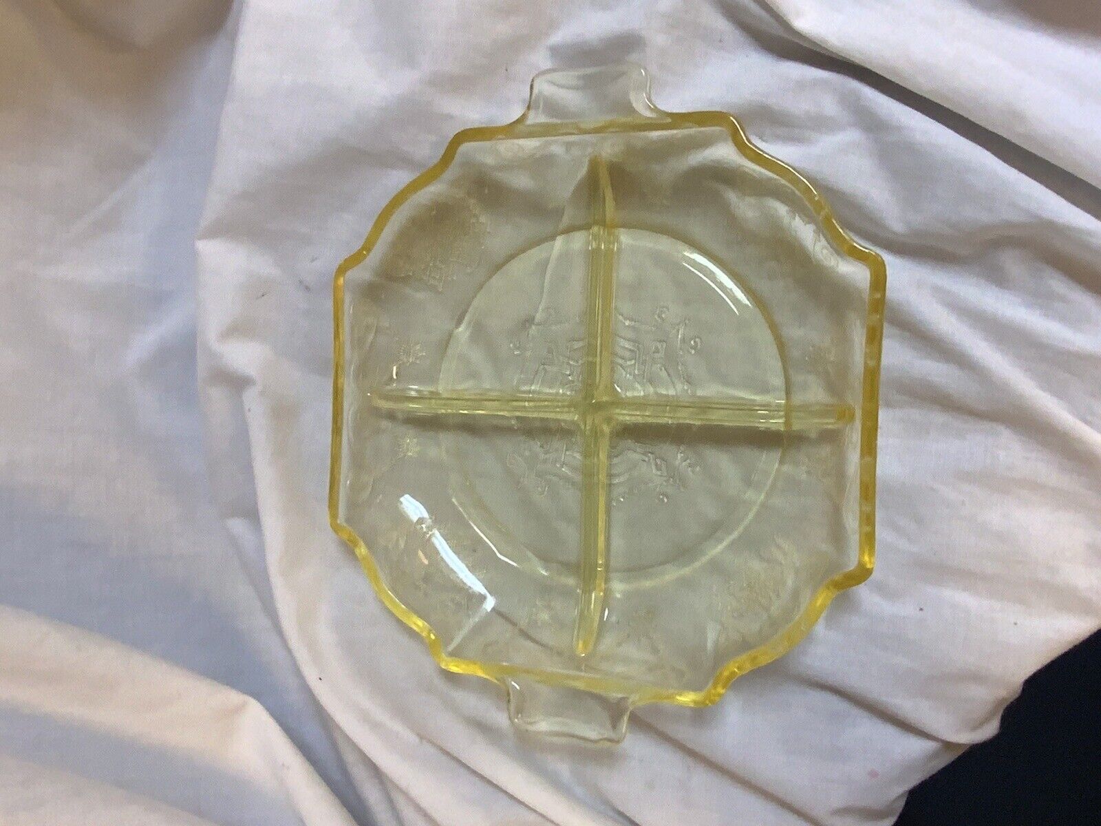 Yellow Depression Glass Lorain “Basket” Design Octagonal Divided Relish Dish