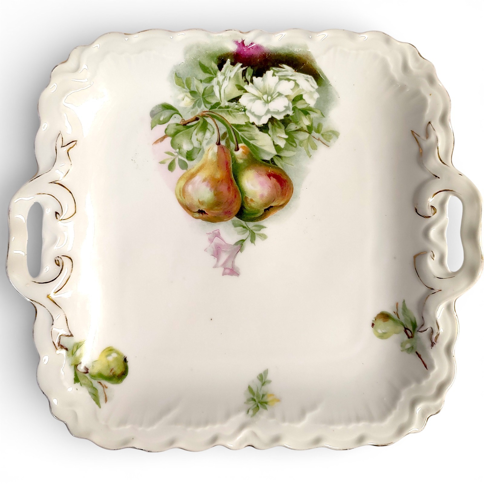 1903 Antique P.M. Bavaria Porcelain Serving Dish Cake Plate Pears & Floral
