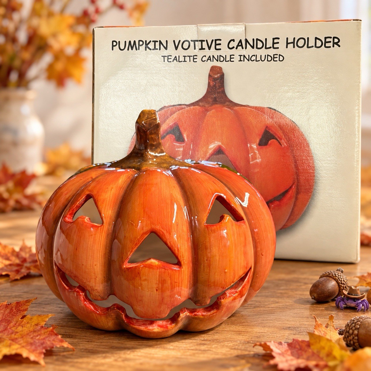 HUGE Vintage 9.5” Tall 10” Wide Jack O'Lantern Pumpkin Glazed Ceramic Halloween