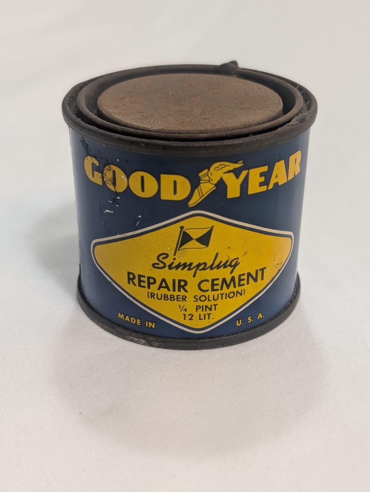Vintage Goodyear Simplug Repair Cement Tin 1950s Rubber Solution Sign Can