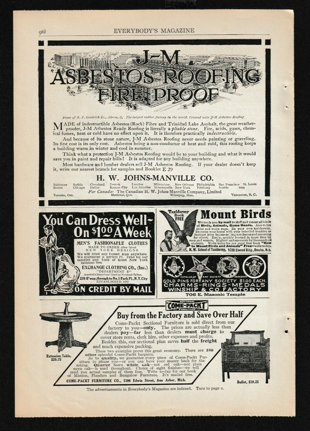 1910 COME-PACKT Furniture AD~VELVET TOBACCO~J-M Asbestos~BF GOODRICH PLANT/Akron