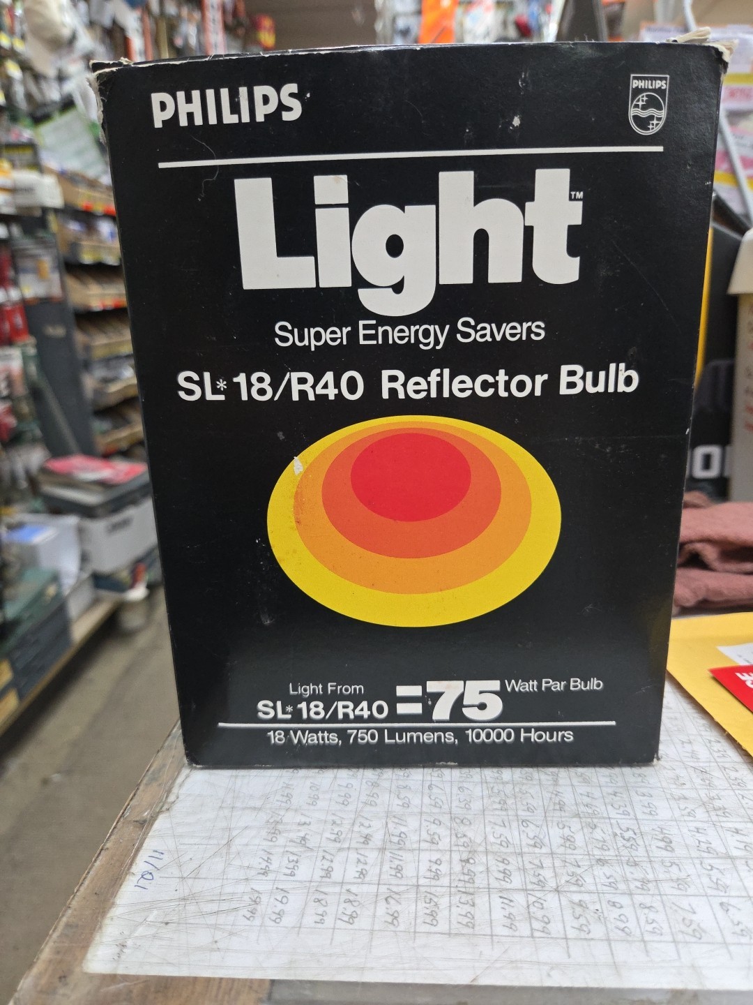VINTAGE LIGHT BULB & PACKAGING~PHILIPS SUPER ENERGY SAVERS SL*18/R=75 WATT~1983~