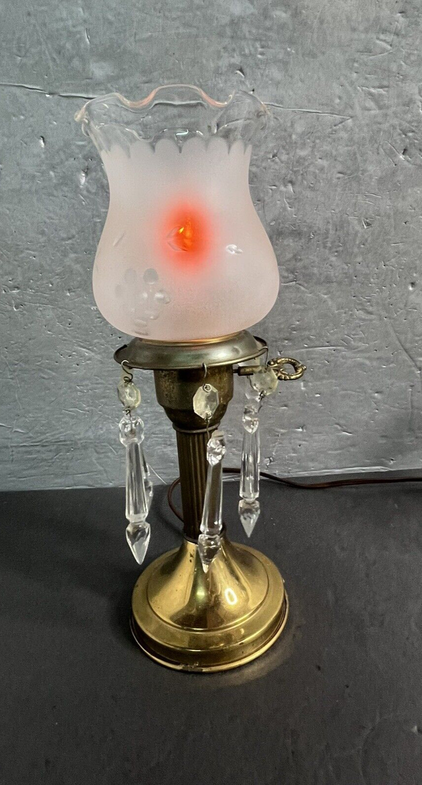 Vintage Astral Brass Boudoir Lamp Crystal Prism Drops Glass Shade Electric