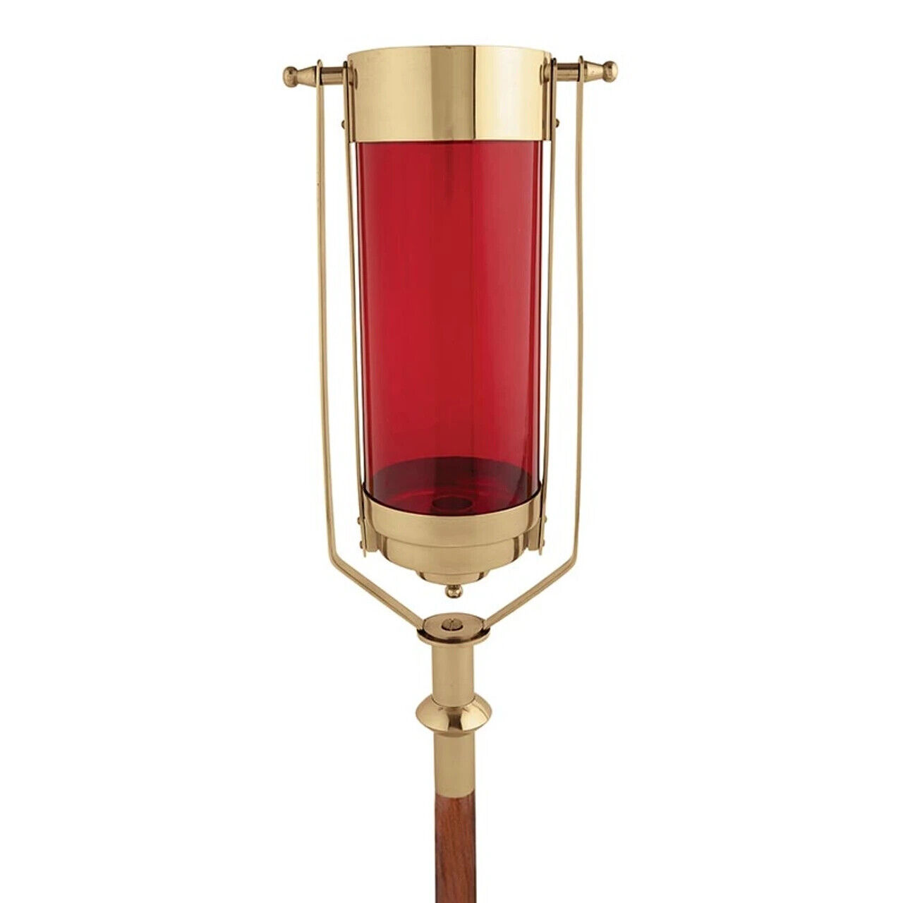 Simple Brass Swinging Processional Wood Torch With Red Glass for Churches 56 In
