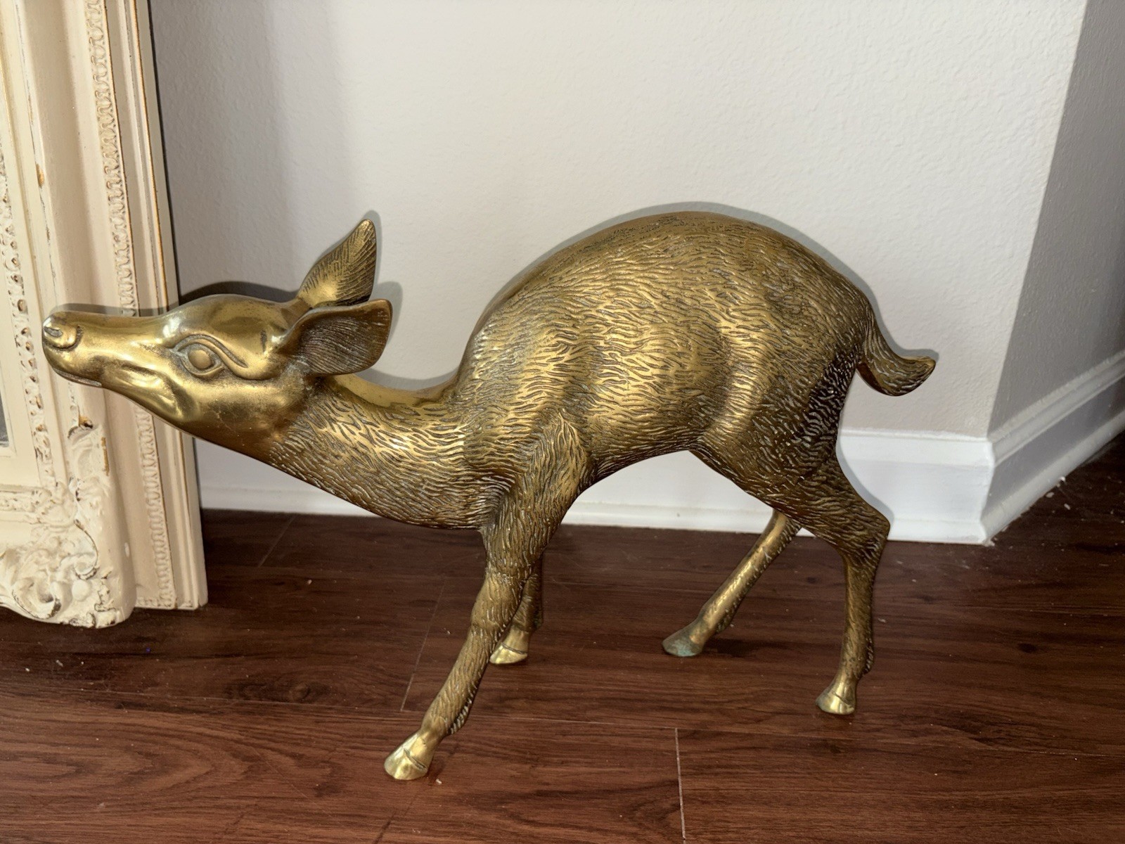 Vintage Extra Large 19” X  12.5” Brass Deer Doe Figurine Statue Weights 9 Pounds