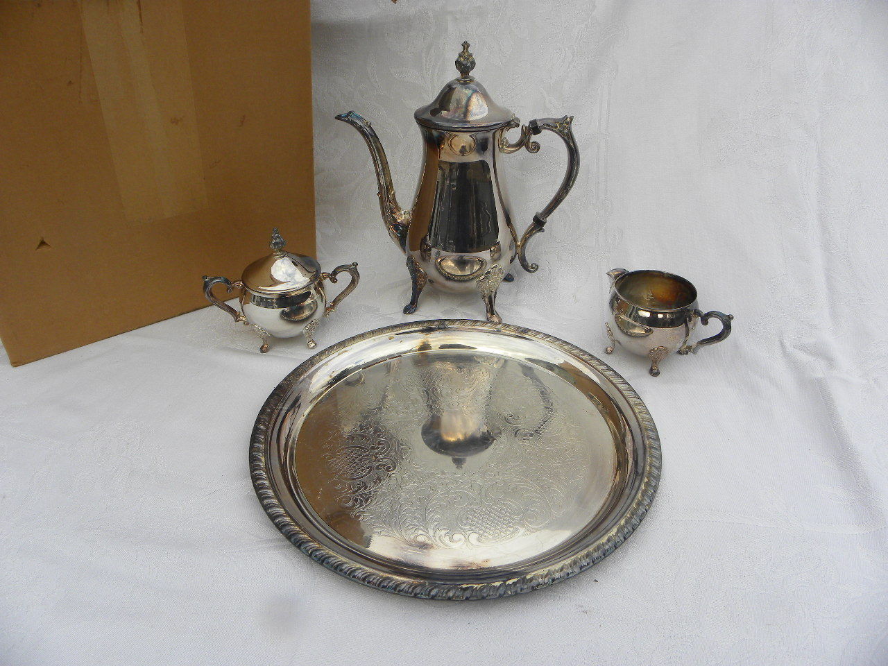 Vint Leonard Silverplate 4-Pc. Coffee or Tea Set w/Box Pot Creamer Sugar Tray