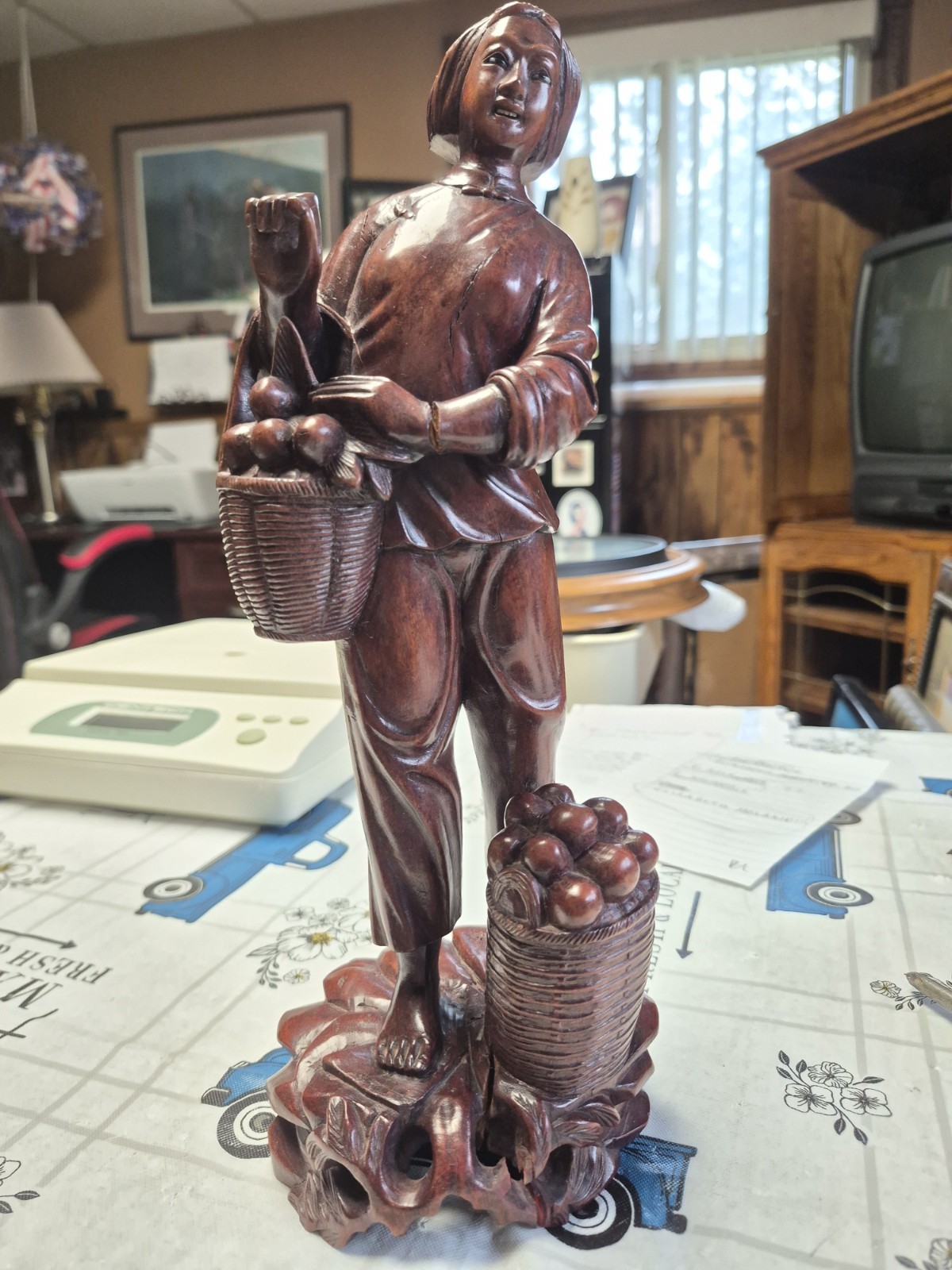 Vintage Handcarved Rosewood Asian Girl with Basket of Fruit Figure Statue Vintage Handcarved Rosewood Asian Girl with Basket of Fruit Figure Statue