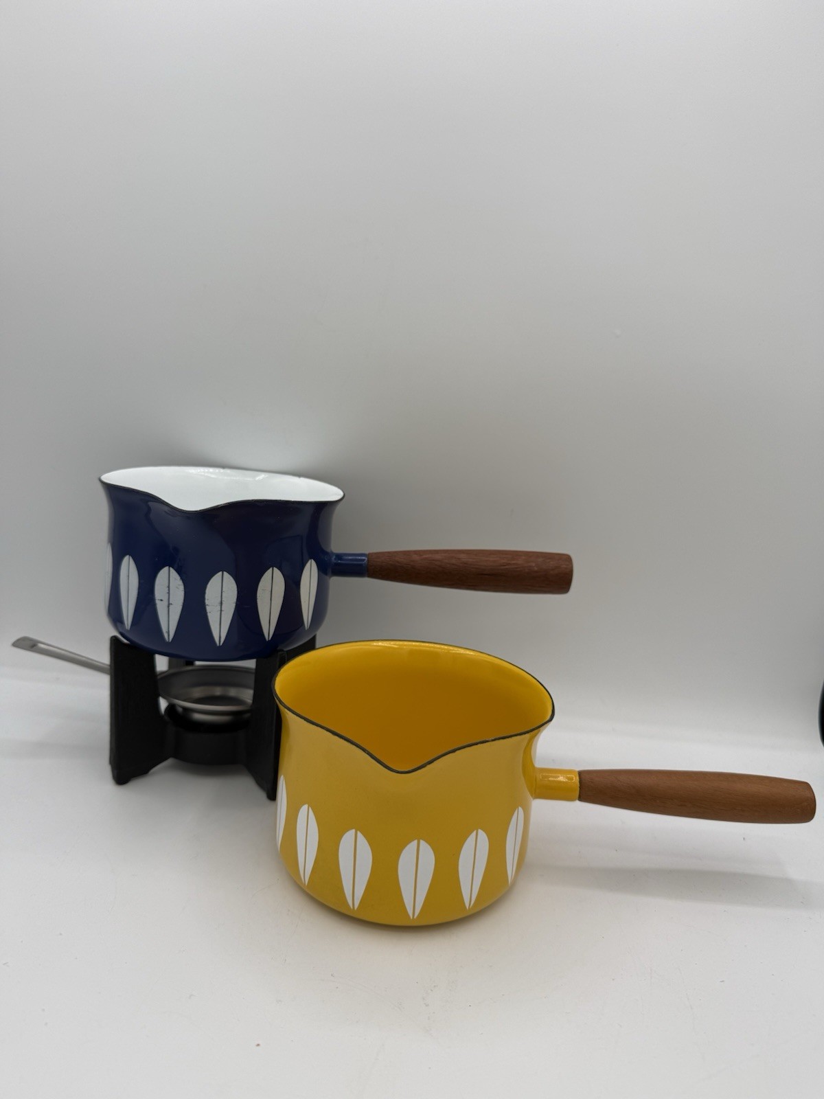 Cathrineholm Yellow & Blue Lotus Striped Butter Warmers With Stand Vintage Mcm Cathrineholm Yellow & Blue Lotus Striped Butter Warmers With Stand Vintage Mcm