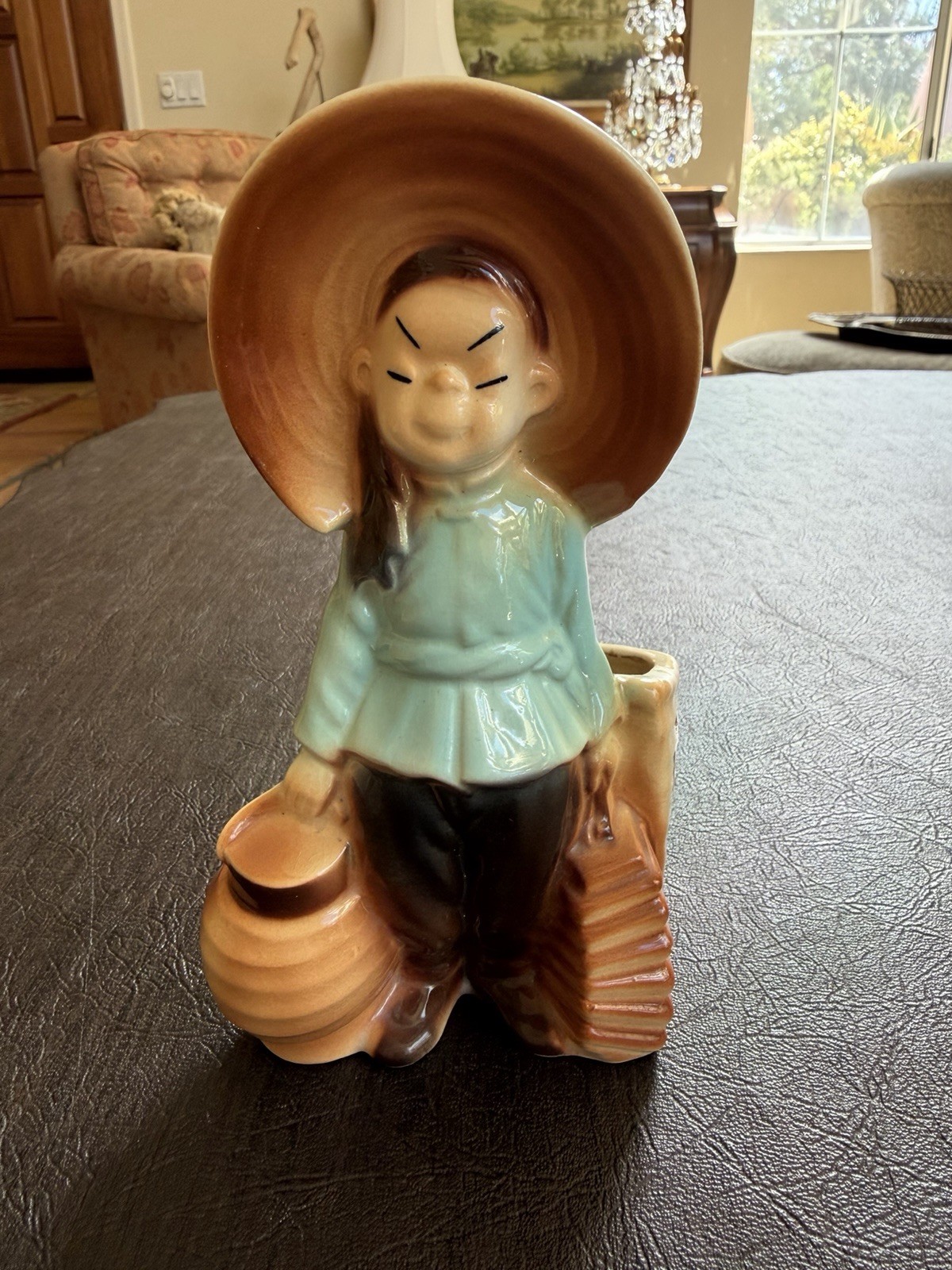 Vintage Royal Copley Asian Boy Planter Carrying Lanterns 