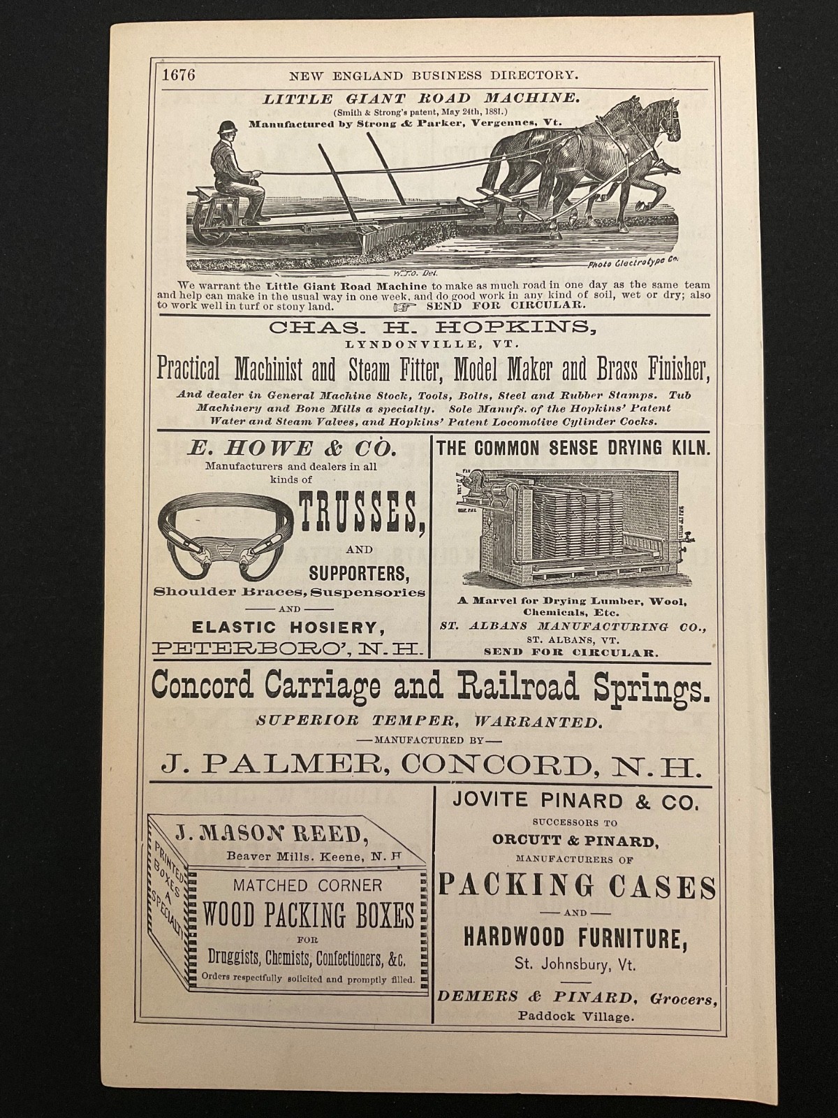 1883 Antique Ad Page Little Giant Road Machine VT, Jaquith Carpenter & Lumber NH