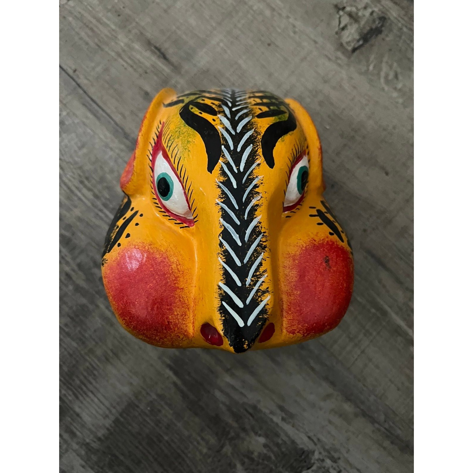 Vintage Hand Painted Wood Jaguar Mask Miniature Folk Art Figurine Yellow