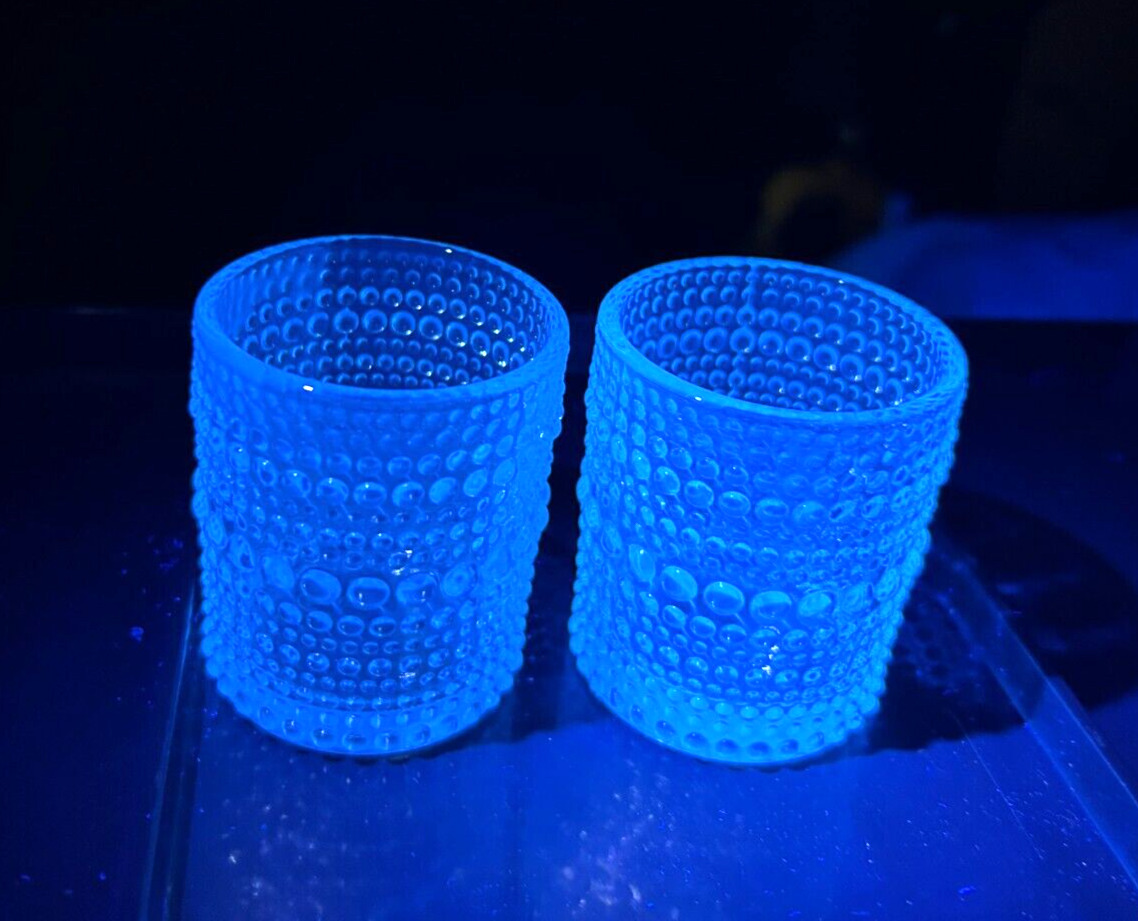 2  Clear Glass Hobnail Votive Tea Light Candle Holders, Blue Manganese Glow