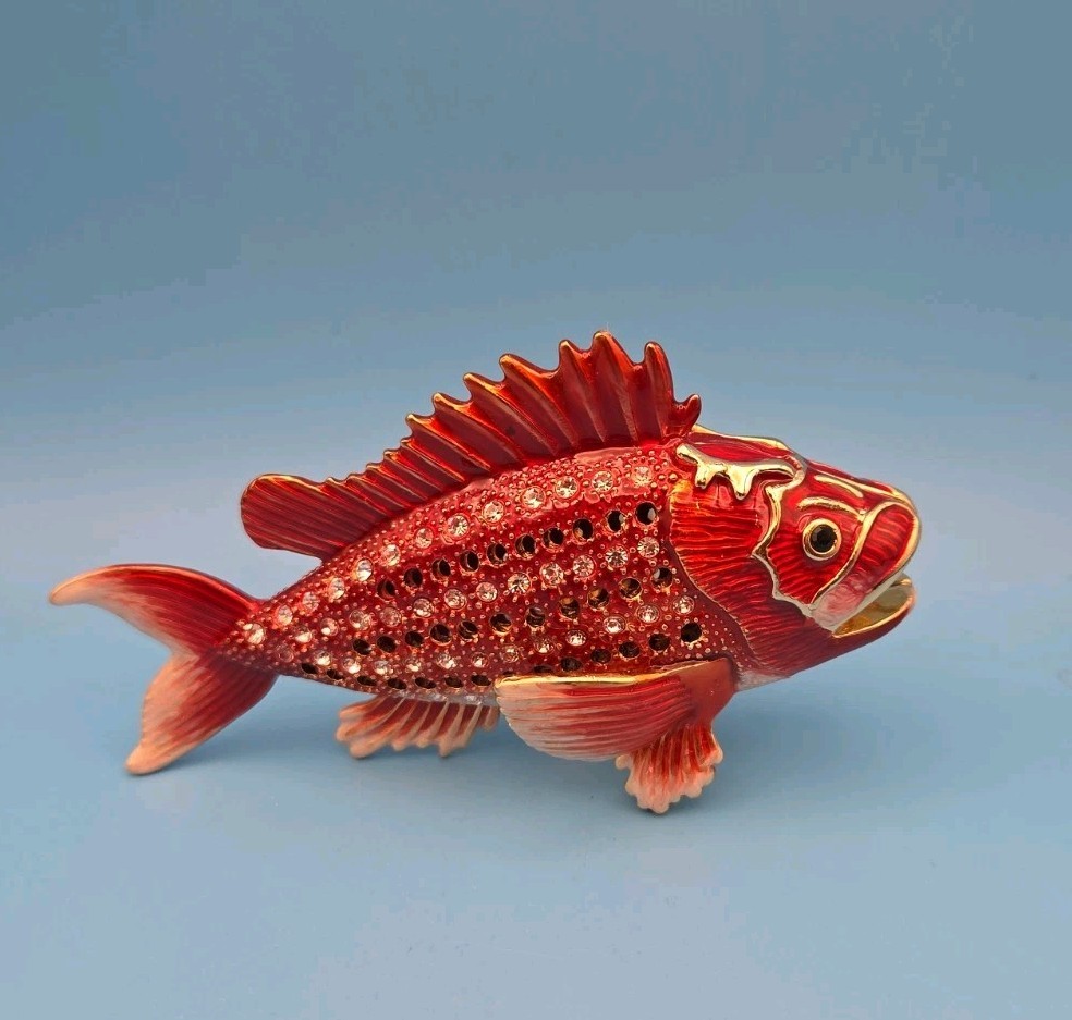Keren Kopal Red Fish with Gold Plating Trinket Box F1167 Austrian Crystals 2016