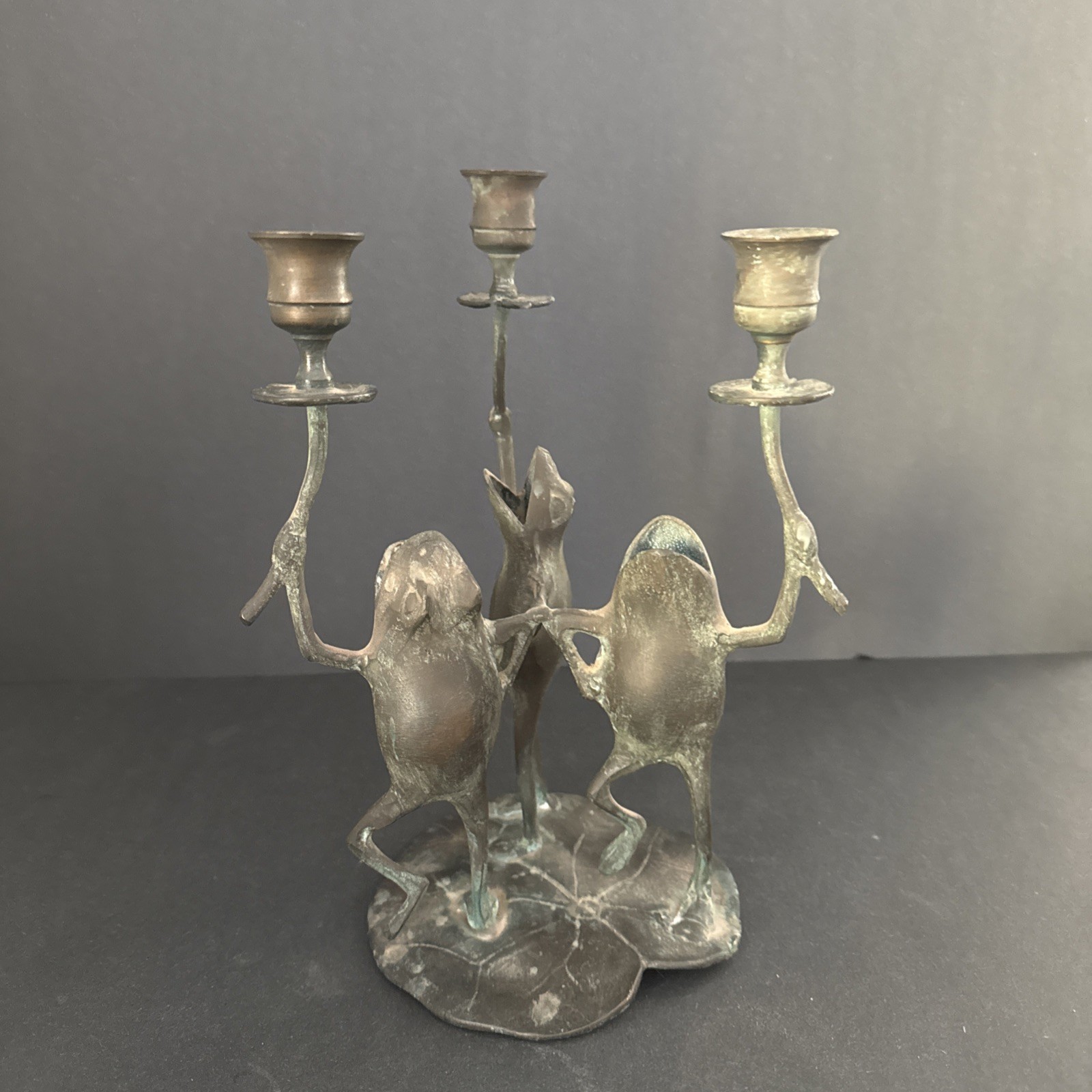 Vintage SPI Bronze Dancing Frogs Candlestick Holder Vase Heavy