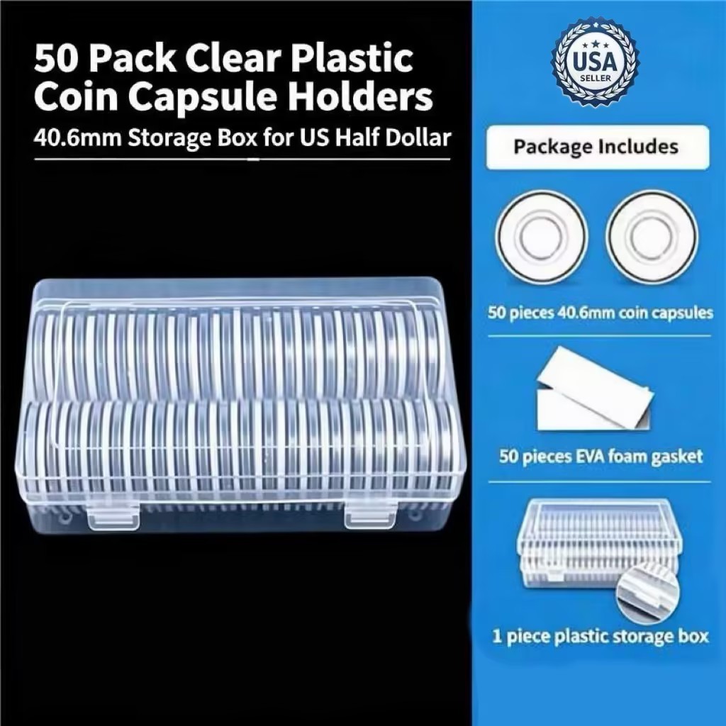 50 Pack Clear Plastic Coin Capsule Holders 40.6mm Storage Box for US Half Dollar