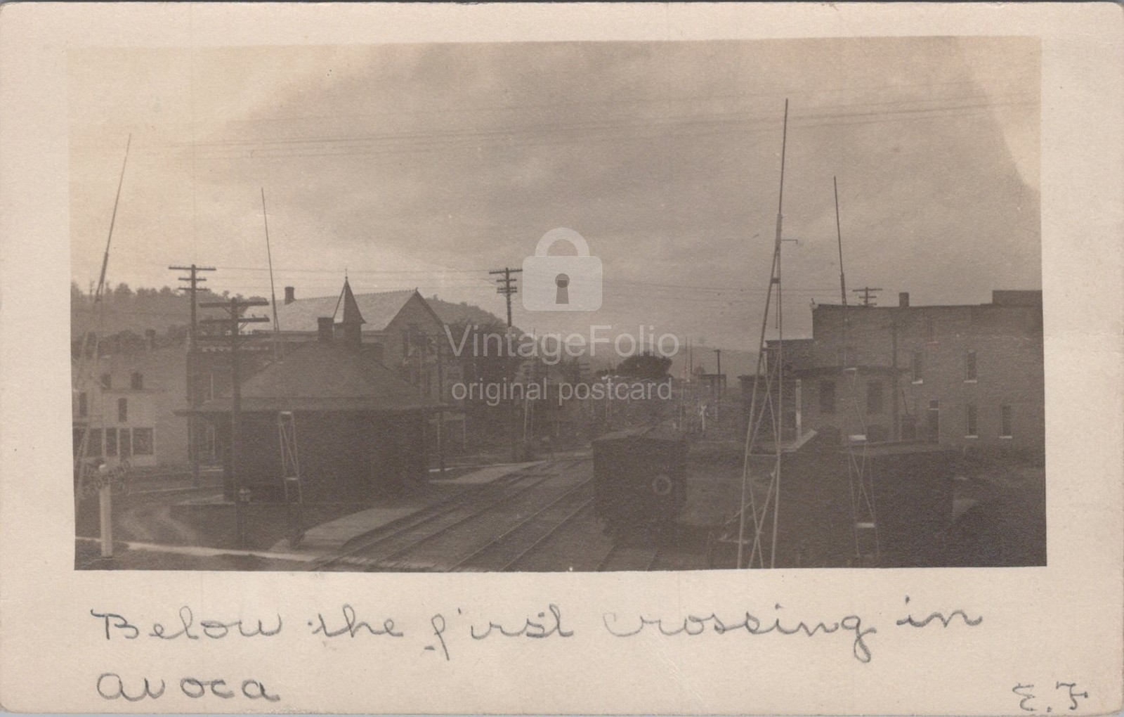 Railroad Crossing Avoca New York NY Train Station Depot RPPC 1900s Postcard