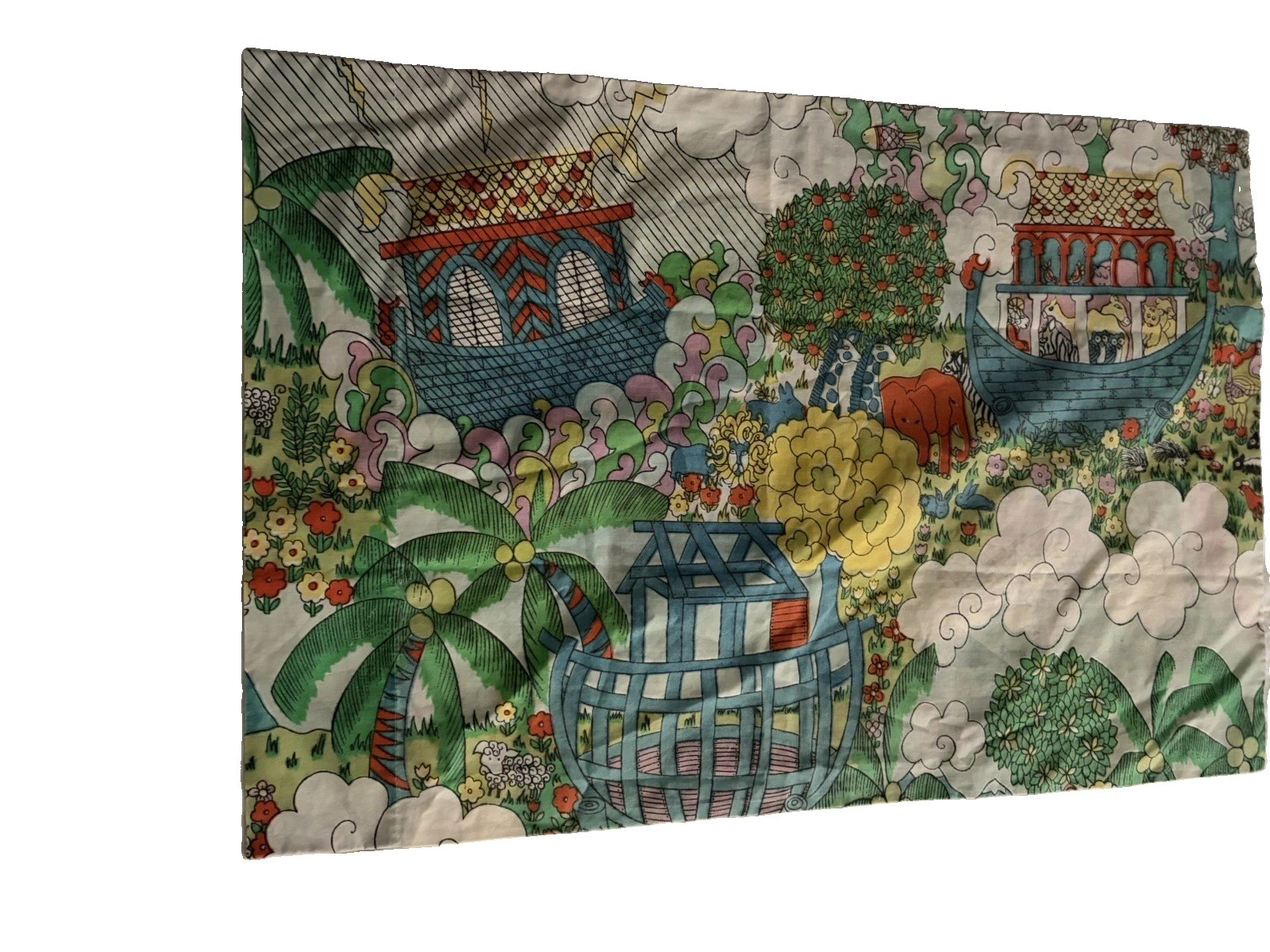 Vintage Groovy Noah Ark 60s 70s Full Pillowcase Psychedelic