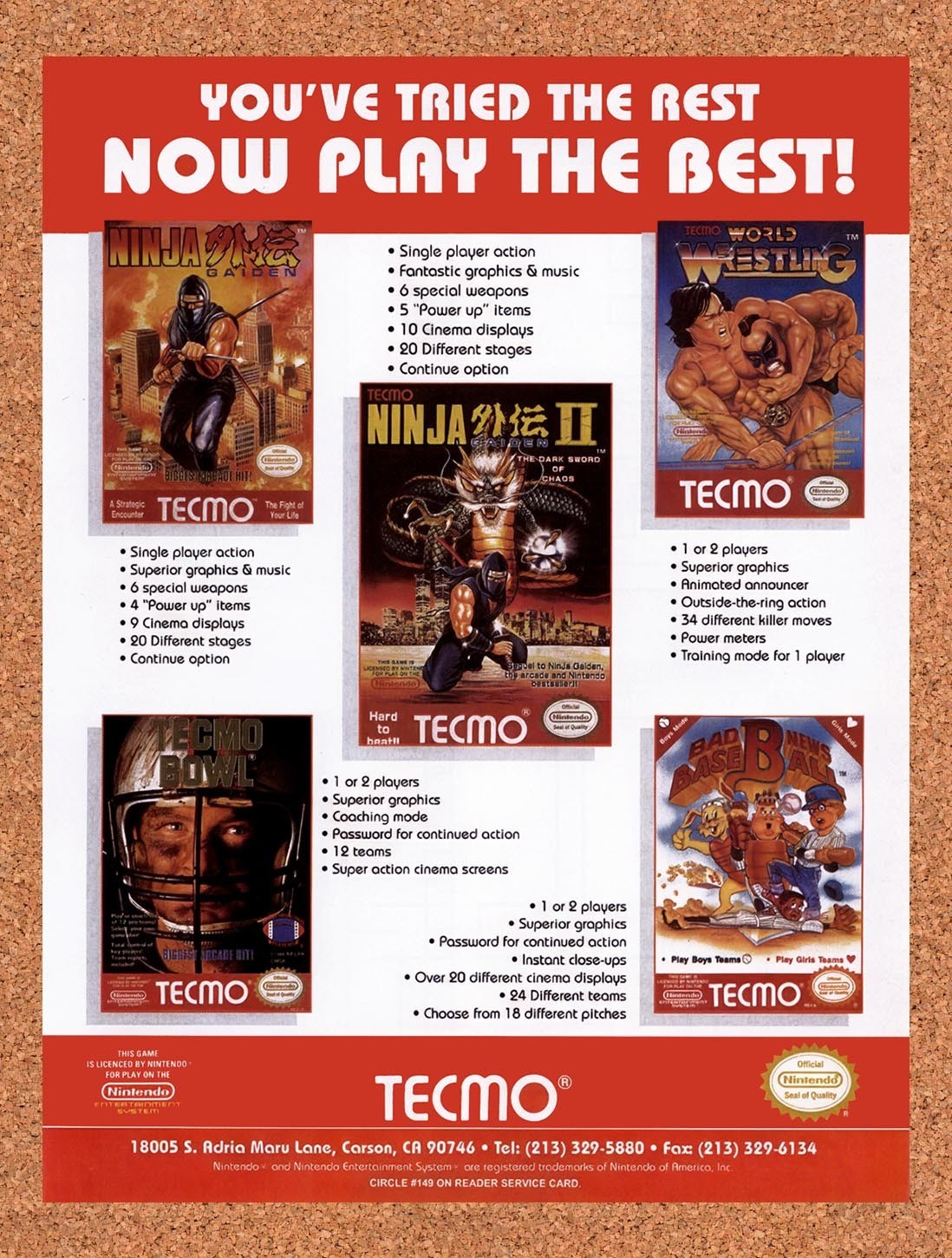 1990 Tecmo NES Games Original Advertisement / Retro Promo vg4 1990 Tecmo NES Games Original Advertisement / Retro Promo vg4