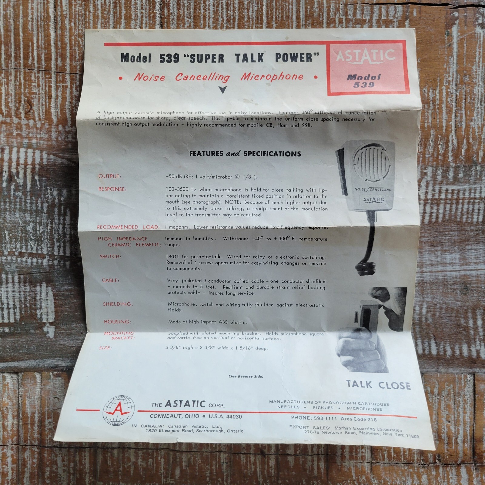Vintage Original Astatic Model 539 Features and Specifications Sheet