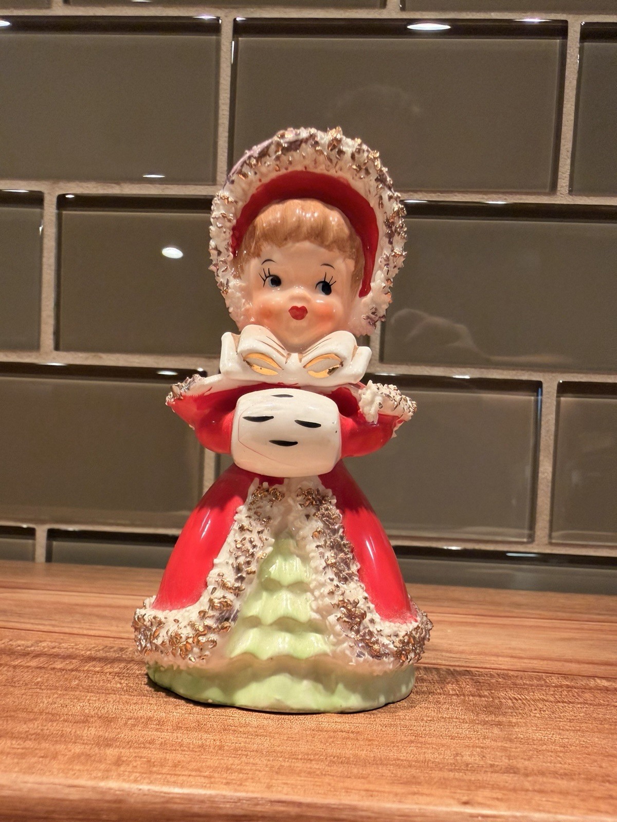 Vtg 1956 Lefton\'s Exclusive Signed Christmas Girl Bell MCM Spaghetti Trim