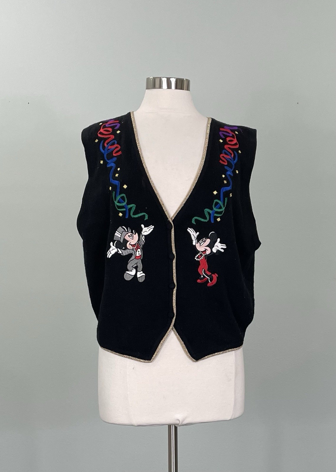 Vtg 90s Disney Store Mickey Minnie Mouse Sweater Vest Black Wool Gold Trim XL