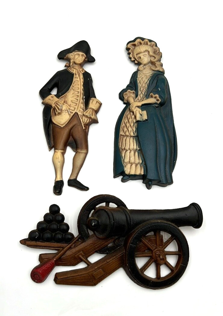 Sexton Cast Metal George Washington, Colonial Woman, Cannon Wall Hanging - Vtg.
