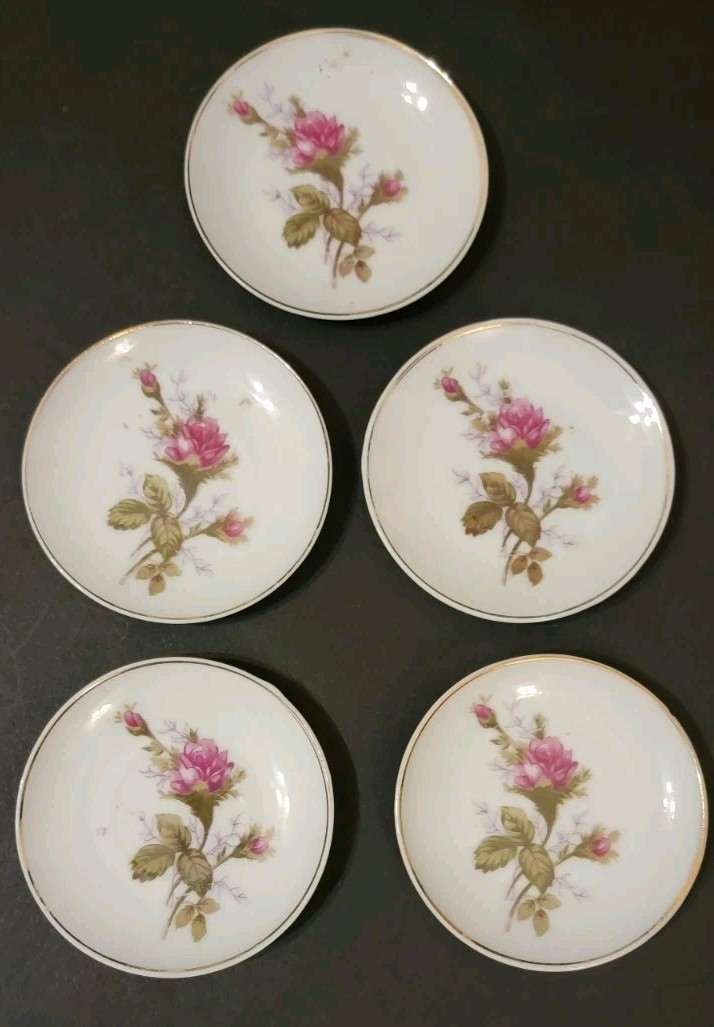 Vtg Porcelain Pink Moss Rose Set Of 5 Butter Pats