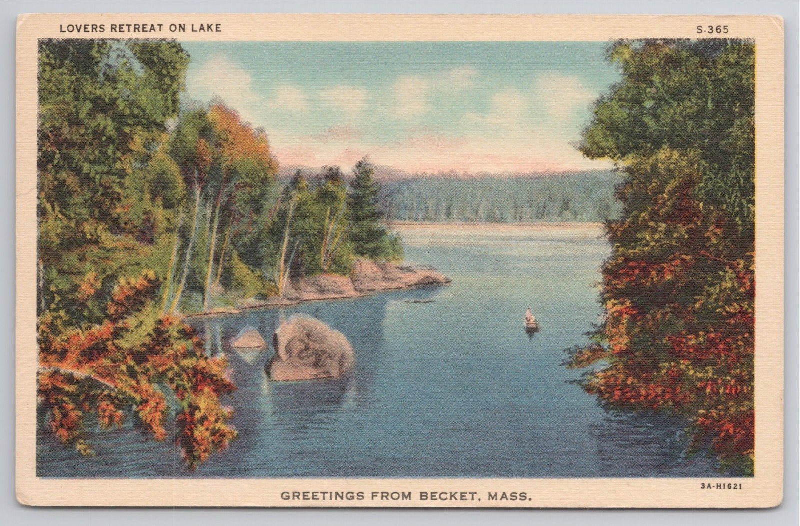Postcard Greetings from Becket Massachusetts, Lovers Retreat on the Lake  Q-3