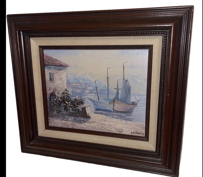 Pretty Vintage Paula Loomis Boats Harbor Oil Painting Framed 