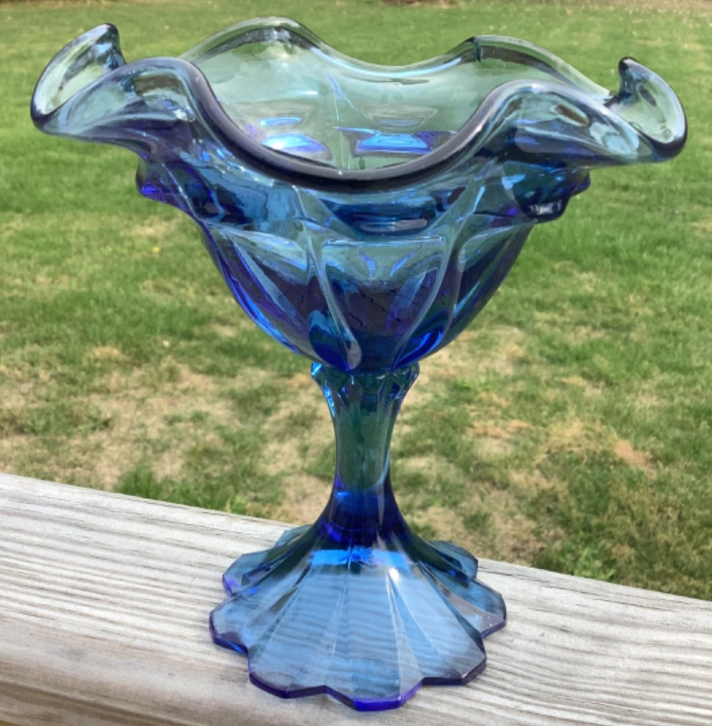 Fenton Art Glass Twilight Blue Valencia Pedestal Compote Candy Dish - lrc1