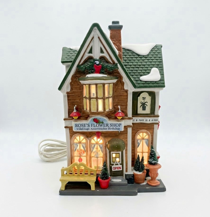 Department 56 Snow Village Rose's Flower Shop Lighted Ceramic Building 2000s