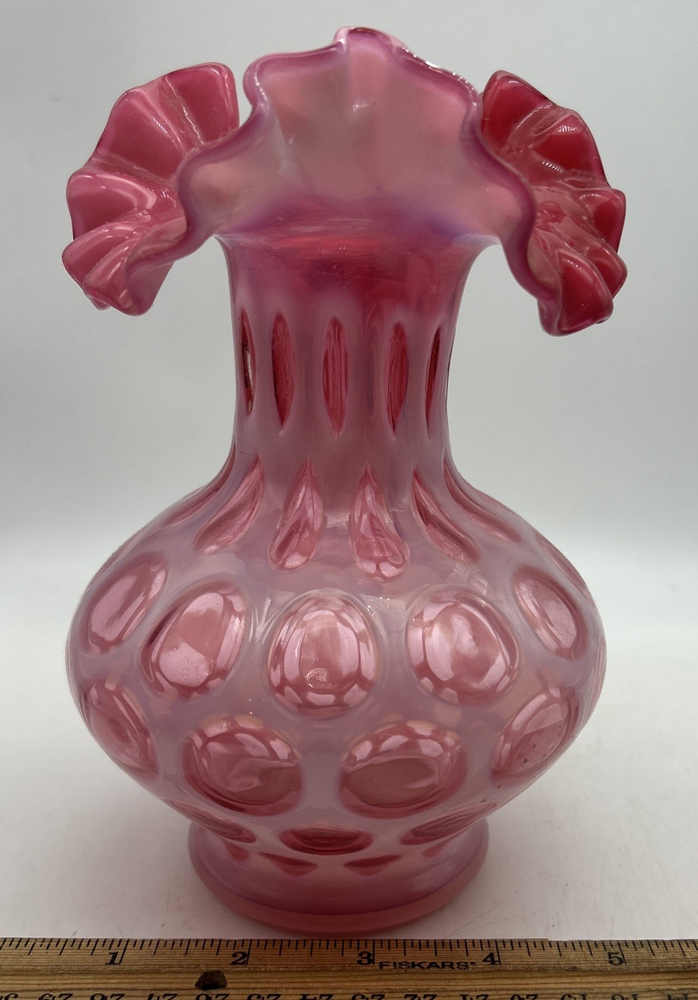 Fenton Cranberry Opalescent Coin Dot Ruffled Edge Cranberry Pink Vase 7” Tall Fenton Cranberry Opalescent Coin Dot Ruffled Edge Cranberry Pink Vase 7” Tall