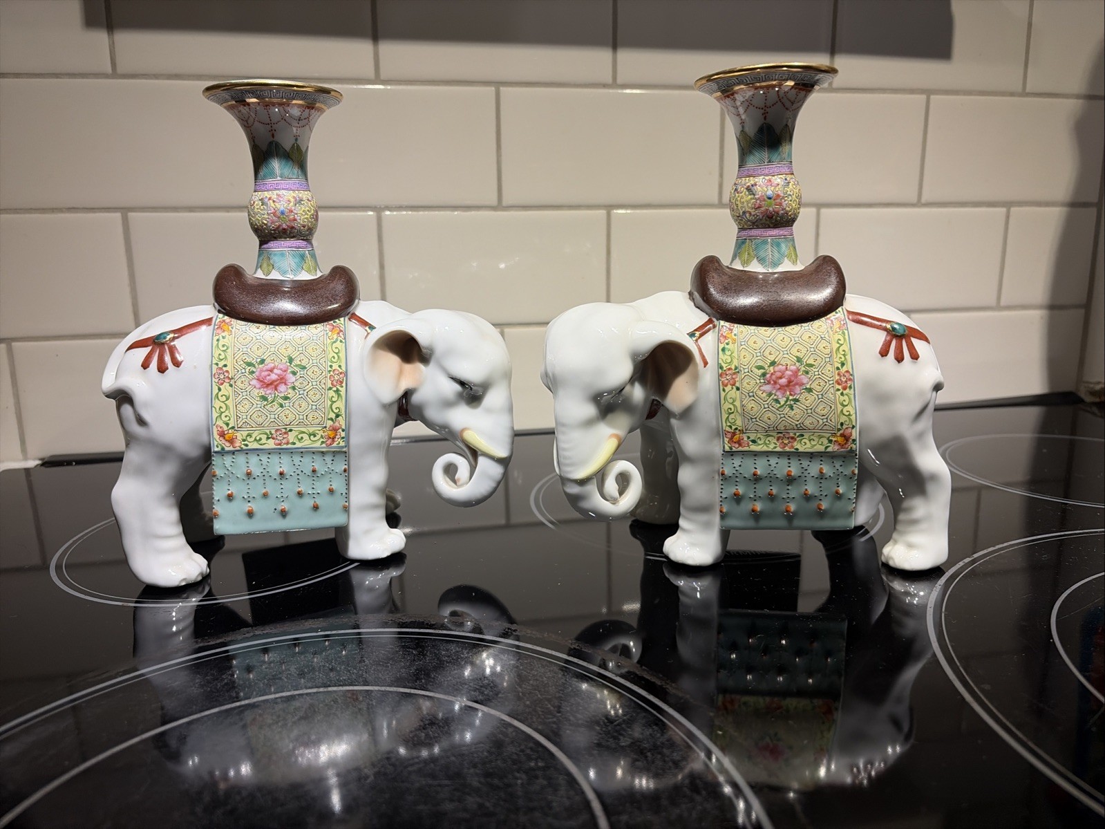 Chinese Porcelain Elephant PAIR Joss Candlestick Holders VINTAGE