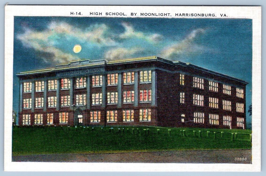 HARRISONBURG VIRGINIA HIGH SCHOOL BY MOONLIGHT VINTAGE LINEN POSTCARD