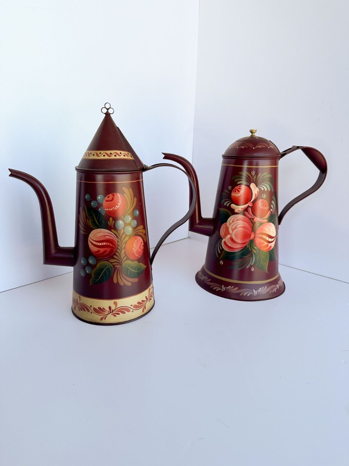 Two Antique Red Toleware Coffee Pots Hand Painted Floral Folk Art