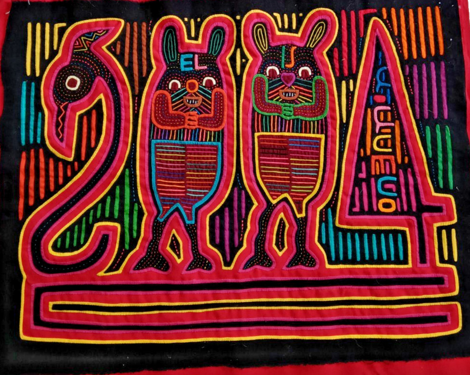 Vtg Kuna Mola Hand Stitch Textile Panel Panama Guna Folk Art Mice Rat Swan Bird