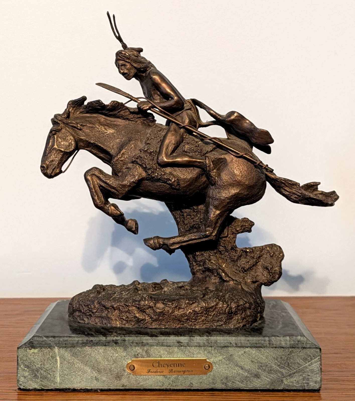 Frederic Remington Cheyenne Bronze Sculpture Native American Horse Marble Base