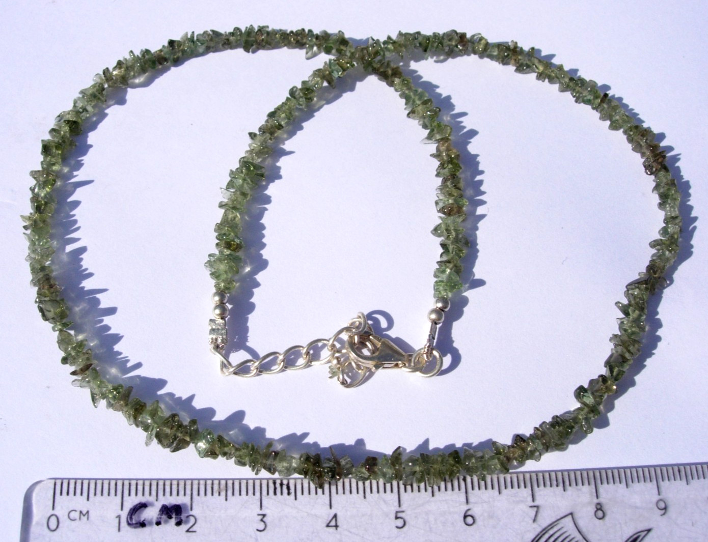 39 carats about 4x1.5mm in size beads tumbled MOLDAVITE silver Necklace with COA