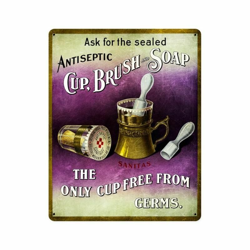 BARBER SHOP SHAVING CUP BRUSH SOAP HEAVY DUTY USA MADE METAL ADVERTISING SIGN BARBER SHOP SHAVING CUP BRUSH SOAP HEAVY DUTY USA MADE METAL ADVERTISING SIGN