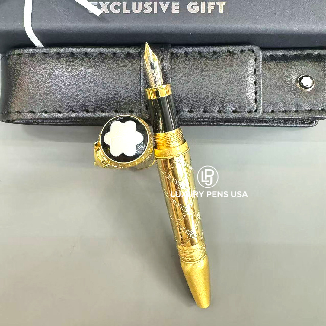 MONTBLANC Gold Engraved Fountain Pen Black Gold Nib Luxury Rare VIP