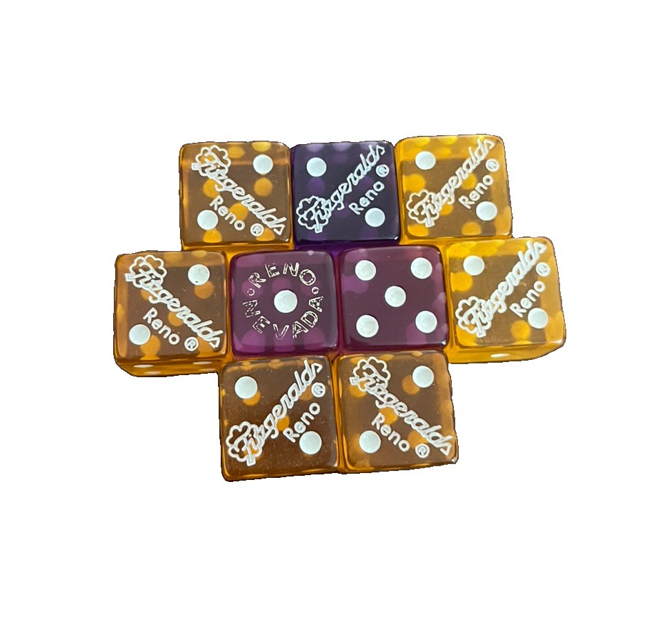 Fitzgeralds Casino Vtg Dice- LOT OF 9 yellow, light purple, dark purple. 