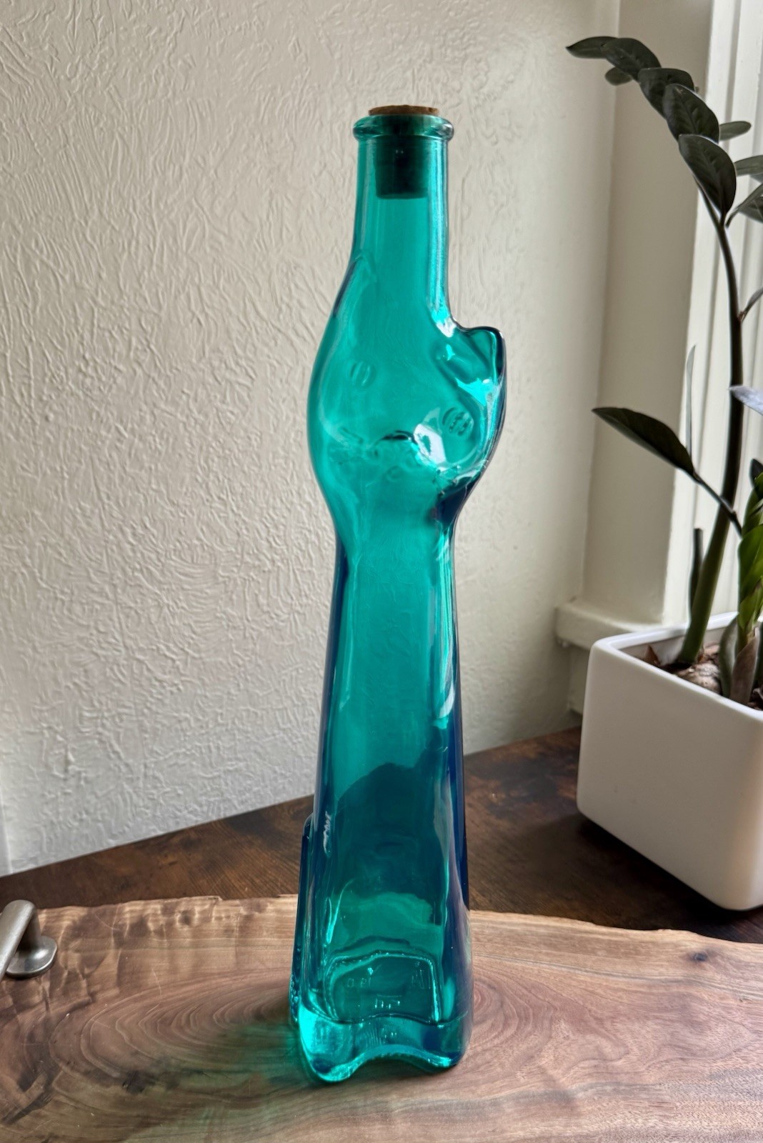 Rheinhessen Riesling Cat Bottle Teal Blue Green Figural Glass Germany Vintage