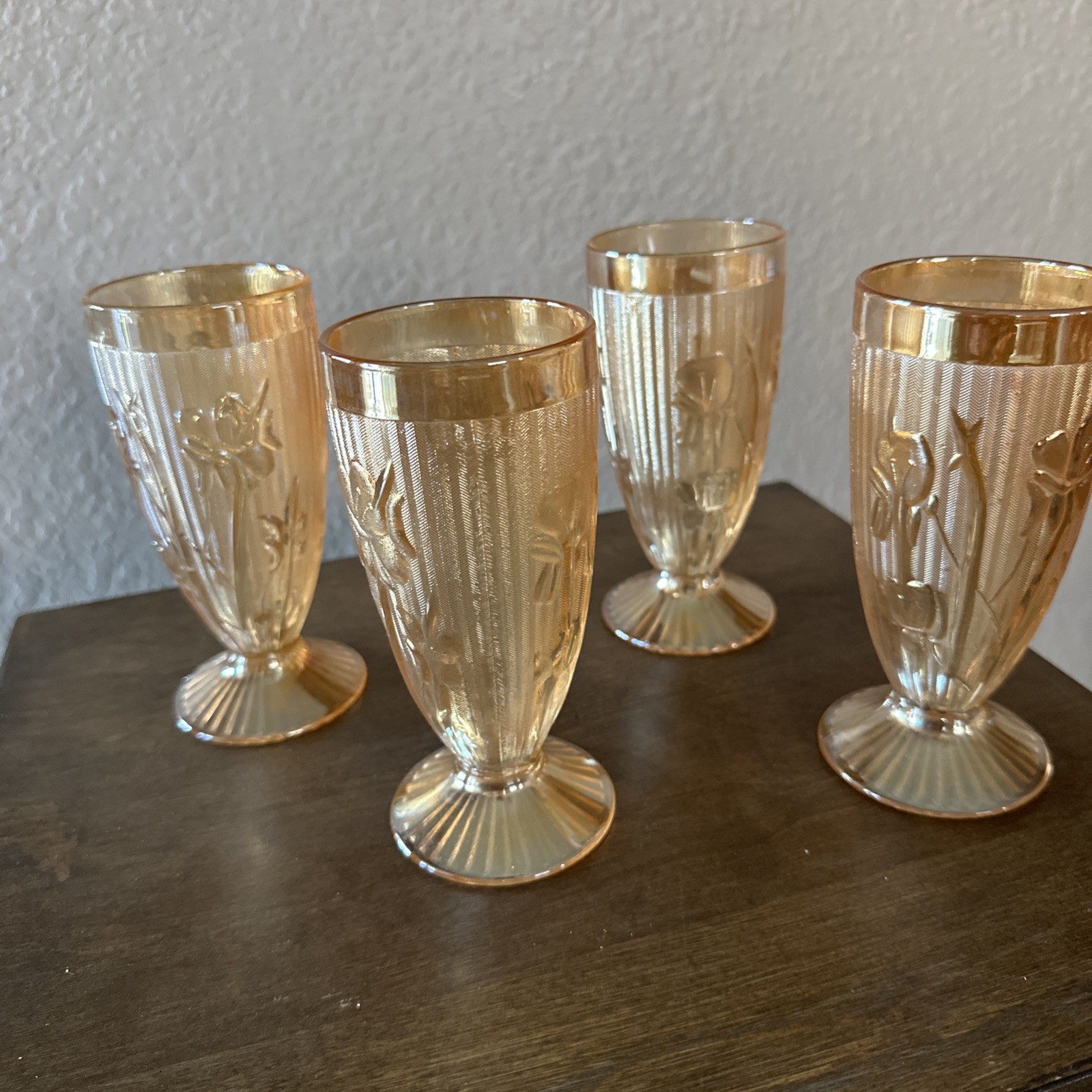 4 Vintage 1930 Jeanette Tumblers Glassware Iris And Herringbone Marigold Peach 4 Vintage 1930 Jeanette Tumblers Glassware Iris And Herringbone Marigold Peach